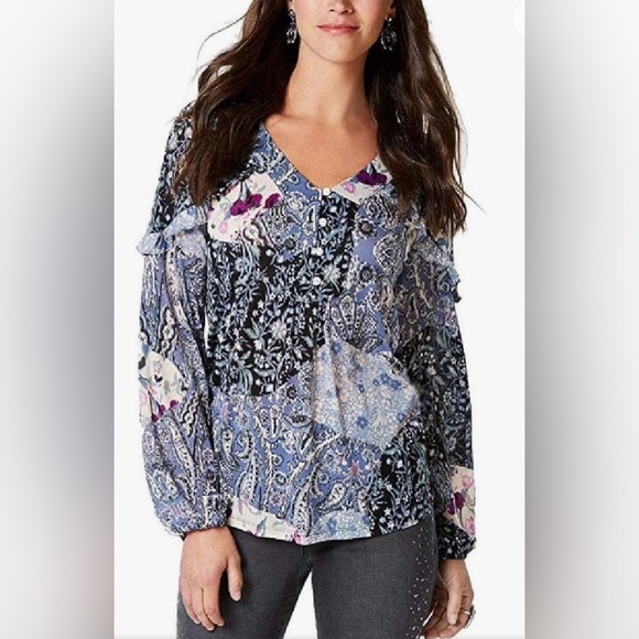 Style & Co. Printed Prairie Top BOHO Paisley Floral Ruffle Pleated Button Sz L - Picture 1 of 12